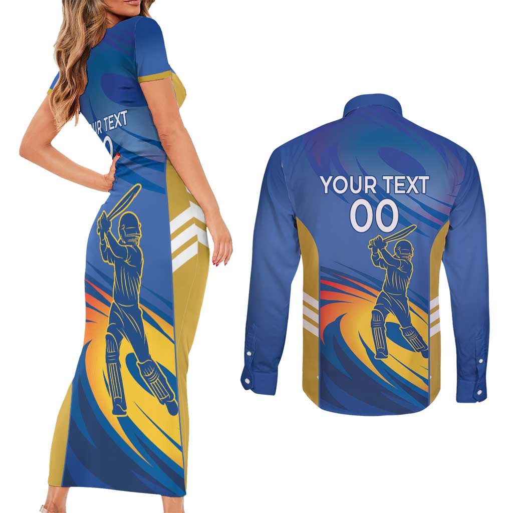Custom Mumbai India Cricket Couples Matching Short Sleeve Bodycon Dress and Long Sleeve Button Shirt Go Champions