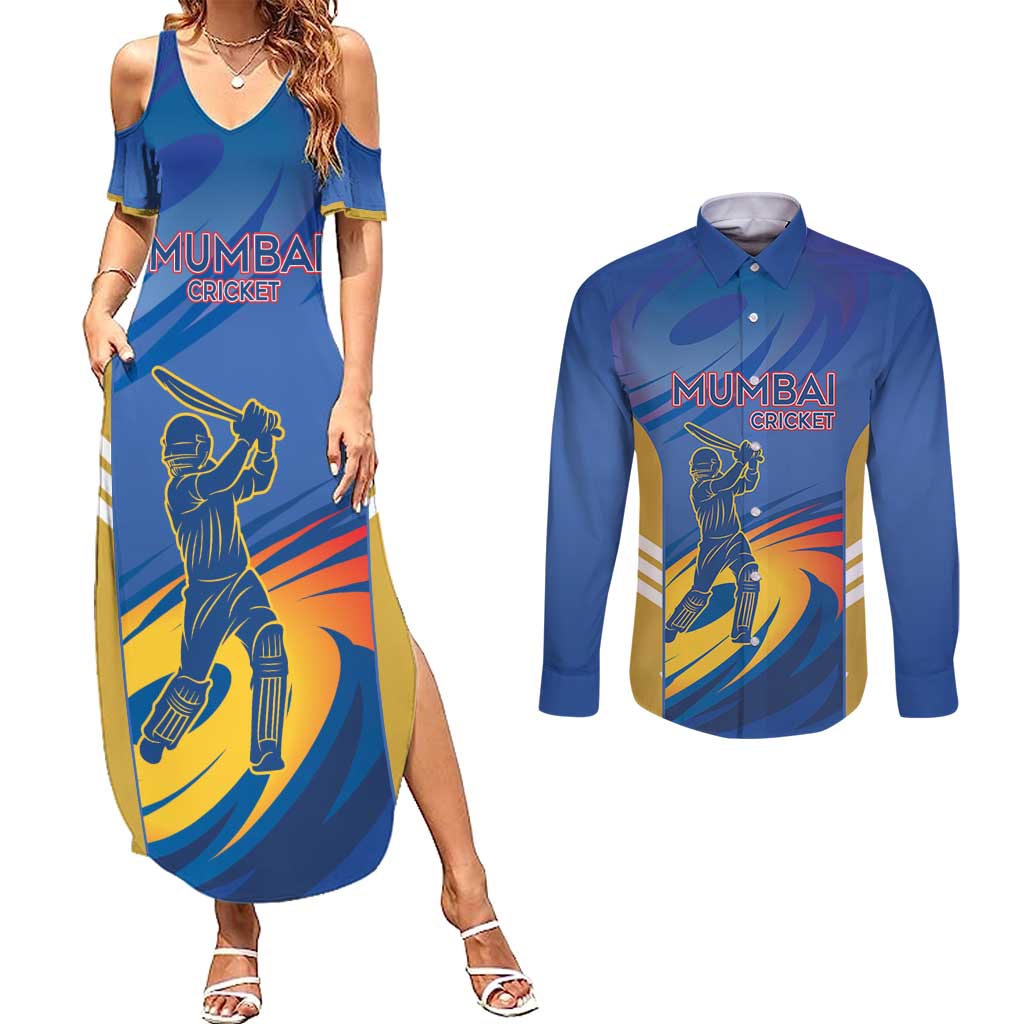 Custom Mumbai India Cricket Couples Matching Summer Maxi Dress and Long Sleeve Button Shirt Go Champions