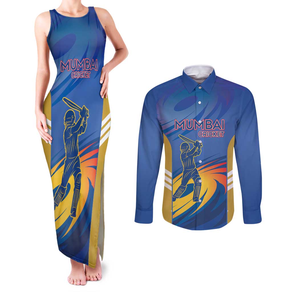 Custom Mumbai India Cricket Couples Matching Tank Maxi Dress and Long Sleeve Button Shirt Go Champions