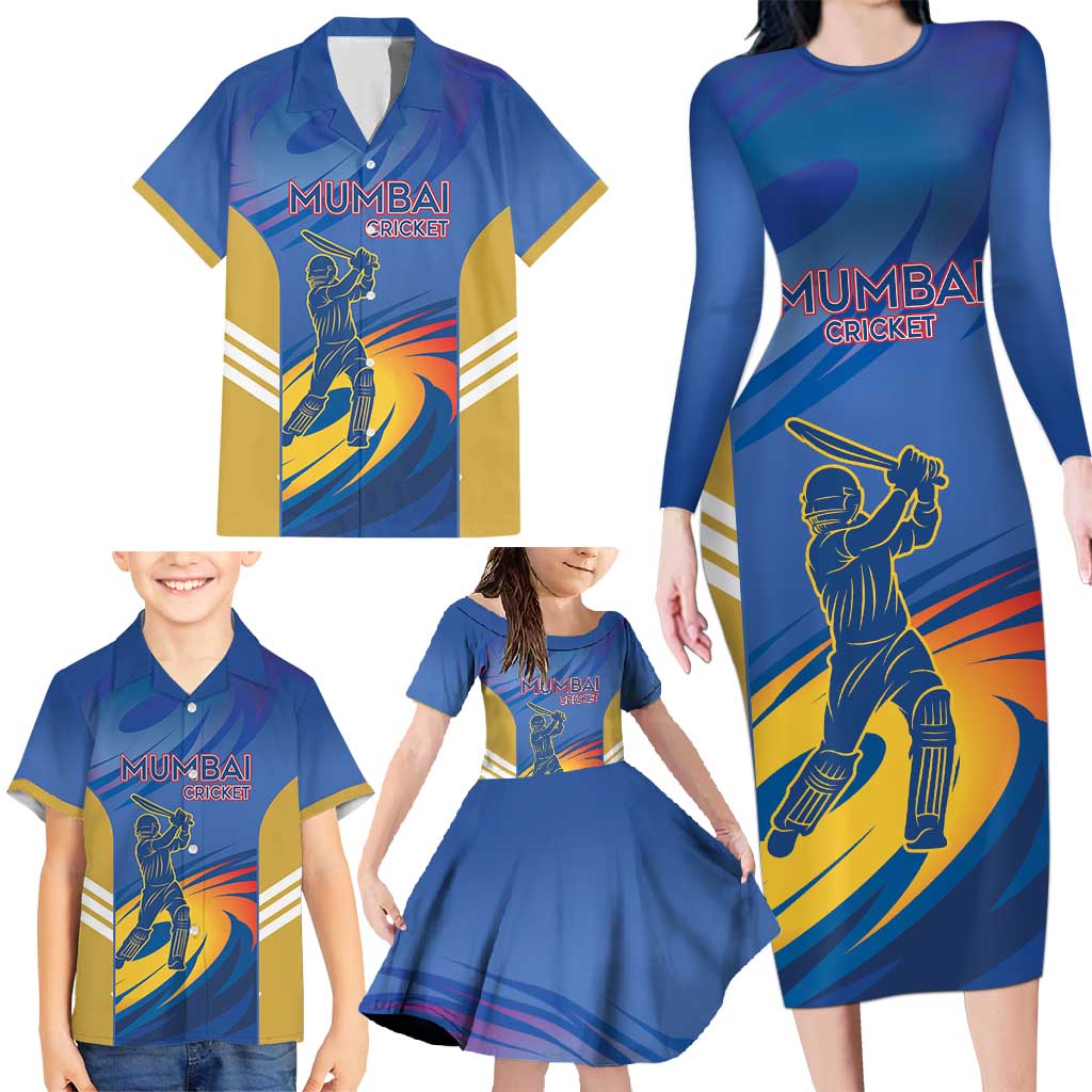 Custom Mumbai India Cricket Family Matching Long Sleeve Bodycon Dress and Hawaiian Shirt Go Champions