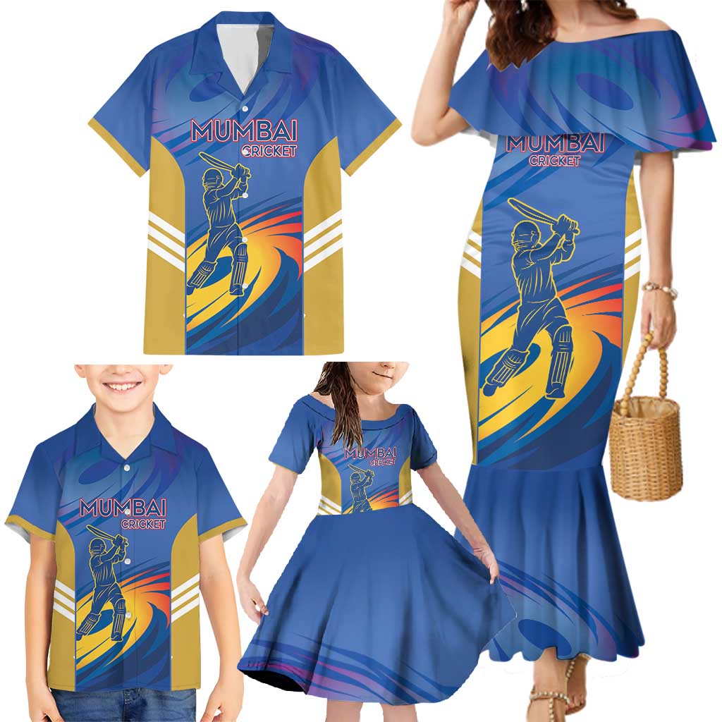 Custom Mumbai India Cricket Family Matching Mermaid Dress and Hawaiian Shirt Go Champions