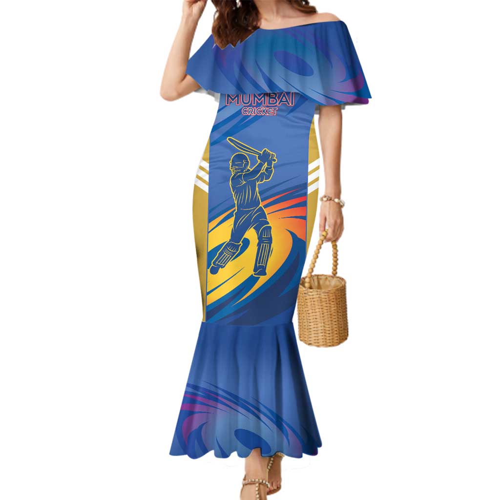 Custom Mumbai India Cricket Family Matching Mermaid Dress and Hawaiian Shirt Go Champions