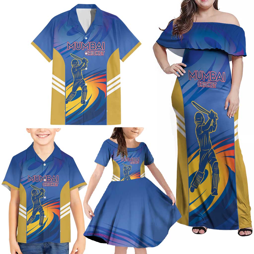 Custom Mumbai India Cricket Family Matching Off Shoulder Maxi Dress and Hawaiian Shirt Go Champions