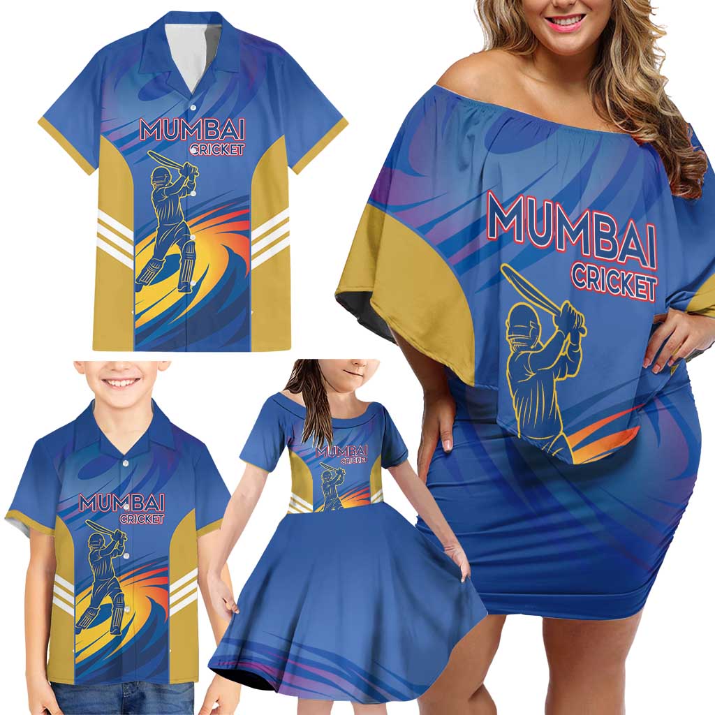 Custom Mumbai India Cricket Family Matching Off Shoulder Short Dress and Hawaiian Shirt Go Champions