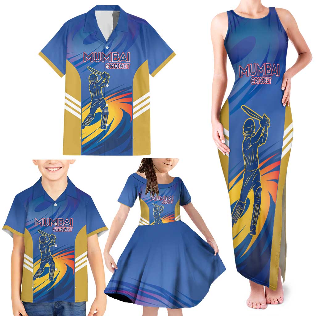 Custom Mumbai India Cricket Family Matching Tank Maxi Dress and Hawaiian Shirt Go Champions