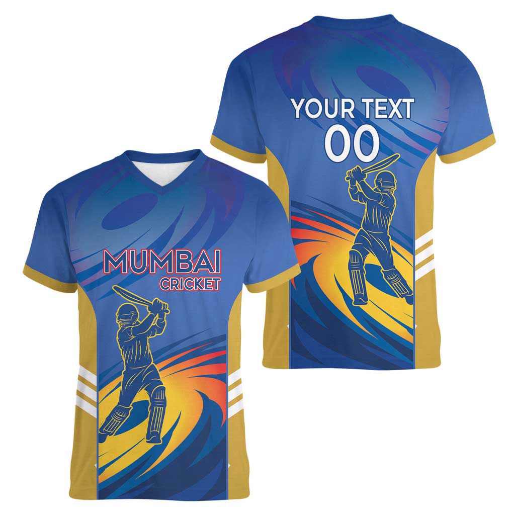 Custom Mumbai India Cricket Women V-Neck T-Shirt Go Champions