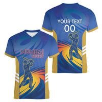 Custom Mumbai India Cricket Women V-Neck T-Shirt Go Champions