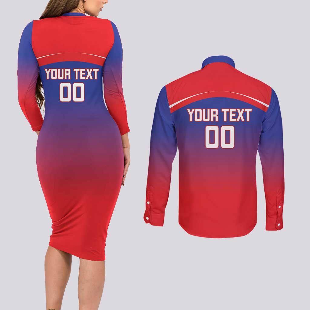 Custom Bengaluru India Cricket Couples Matching Long Sleeve Bodycon Dress and Long Sleeve Button Shirt Go Champions