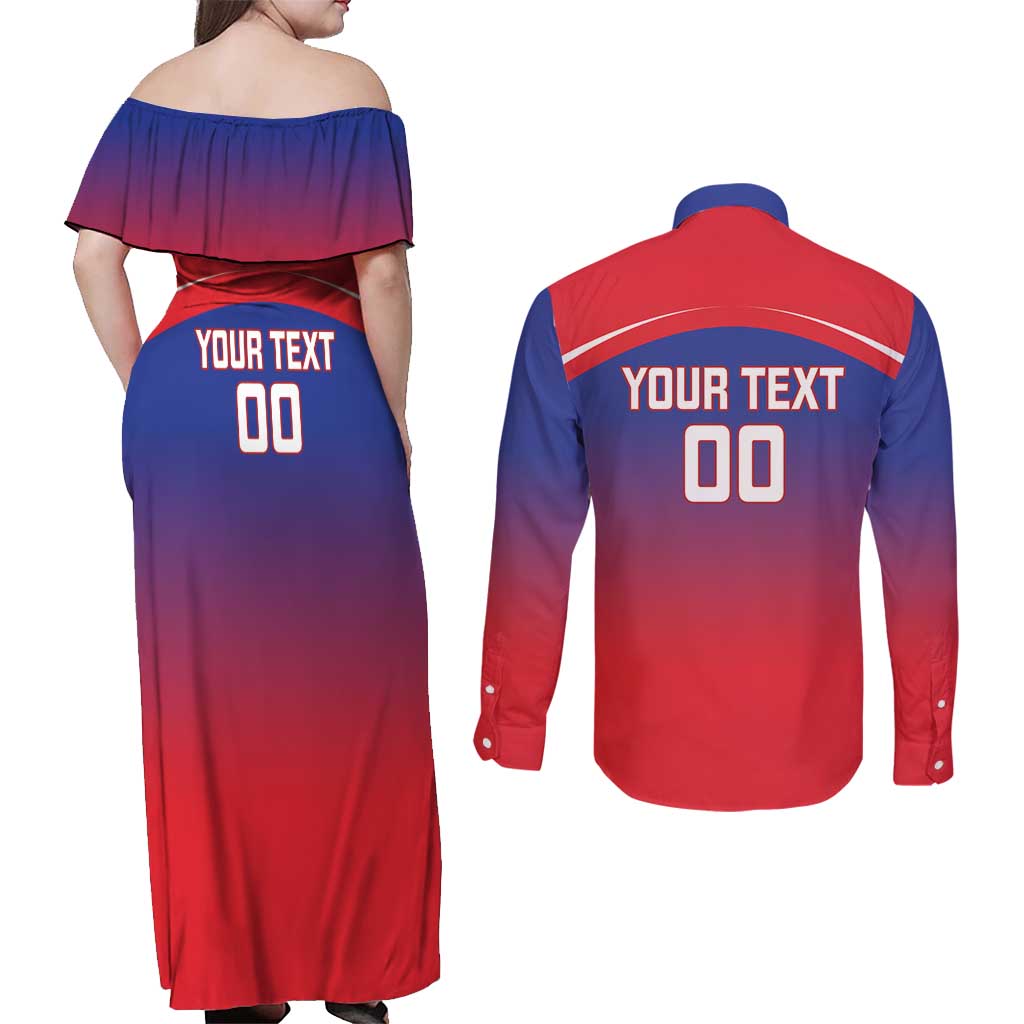 Custom Bengaluru India Cricket Couples Matching Off Shoulder Maxi Dress and Long Sleeve Button Shirt Go Champions