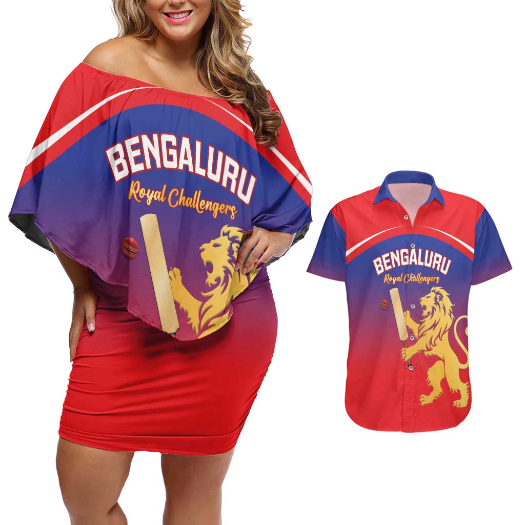 Custom Bengaluru India Cricket Couples Matching Off Shoulder Short Dress and Hawaiian Shirt Go Champions