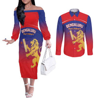 Custom Bengaluru India Cricket Couples Matching Off The Shoulder Long Sleeve Dress and Long Sleeve Button Shirt Go Champions