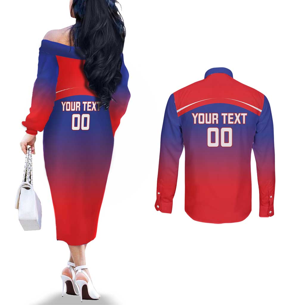 Custom Bengaluru India Cricket Couples Matching Off The Shoulder Long Sleeve Dress and Long Sleeve Button Shirt Go Champions