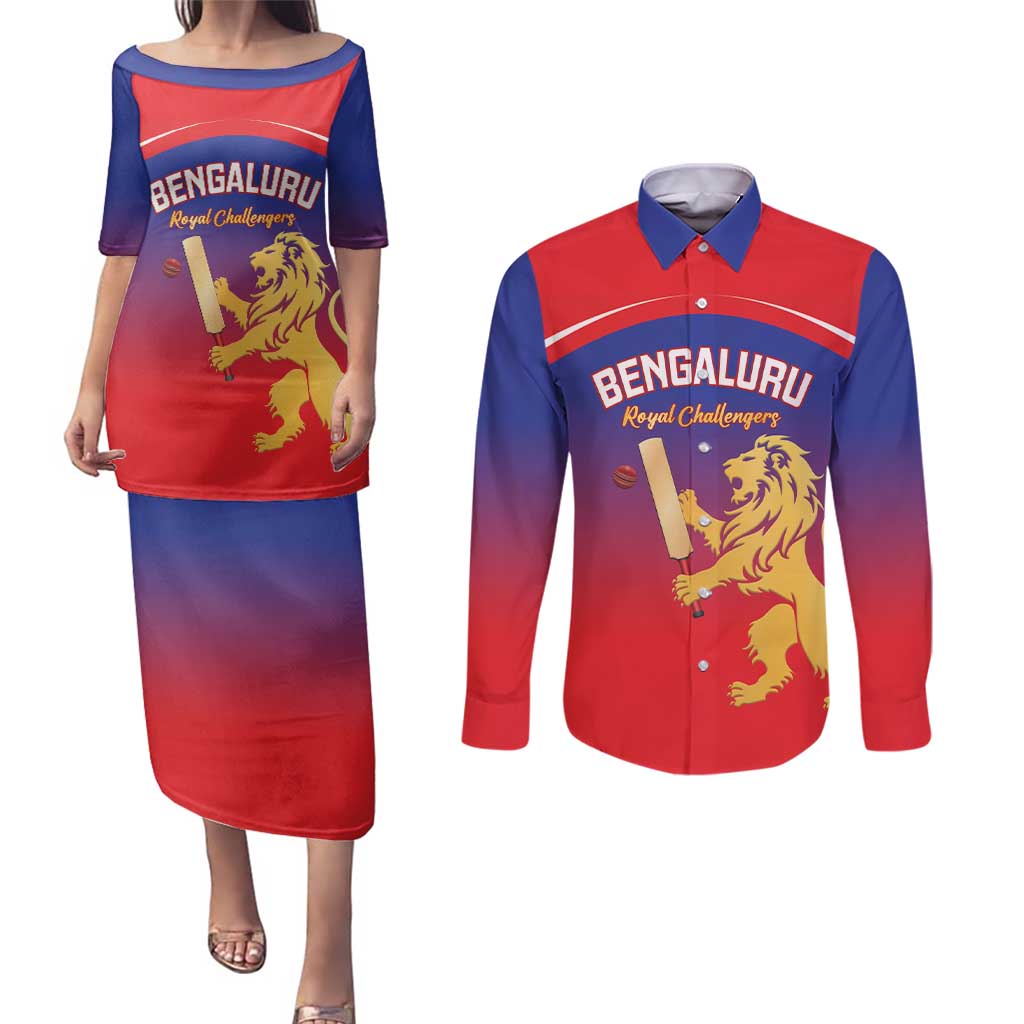 Custom Bengaluru India Cricket Couples Matching Puletasi and Long Sleeve Button Shirt Go Champions