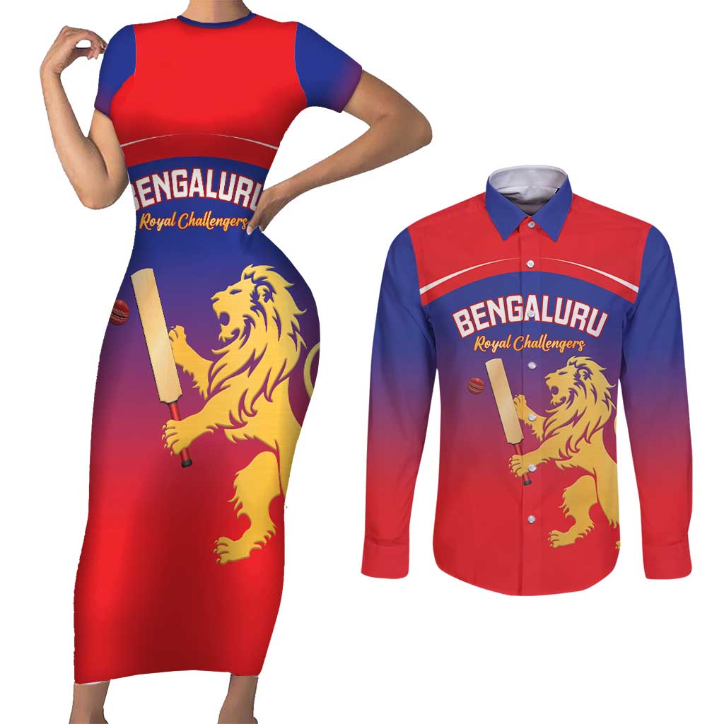 Custom Bengaluru India Cricket Couples Matching Short Sleeve Bodycon Dress and Long Sleeve Button Shirt Go Champions