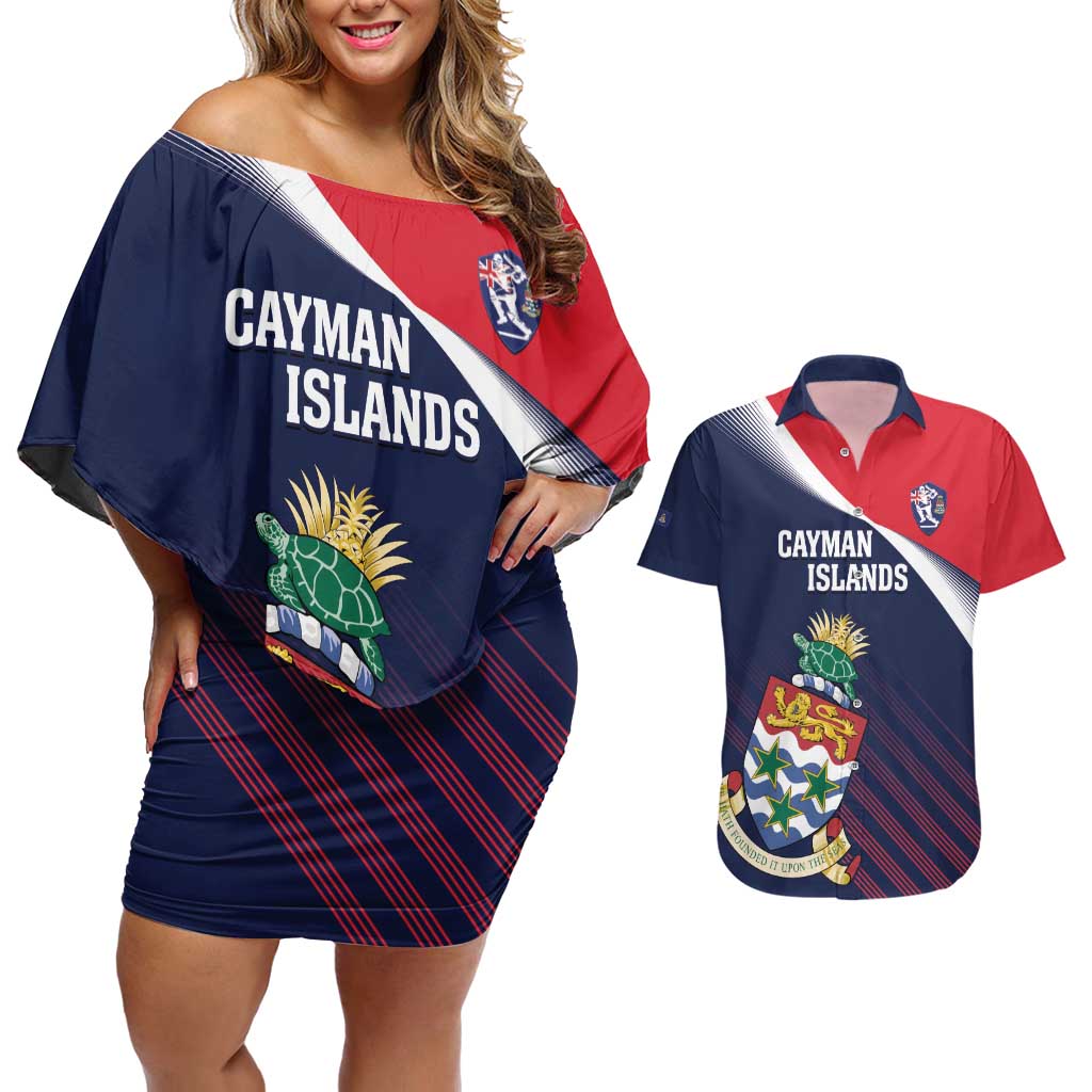Custom Cayman Islands Cricket Couples Matching Off Shoulder Short Dress and Hawaiian Shirt 2025 Sporty Style