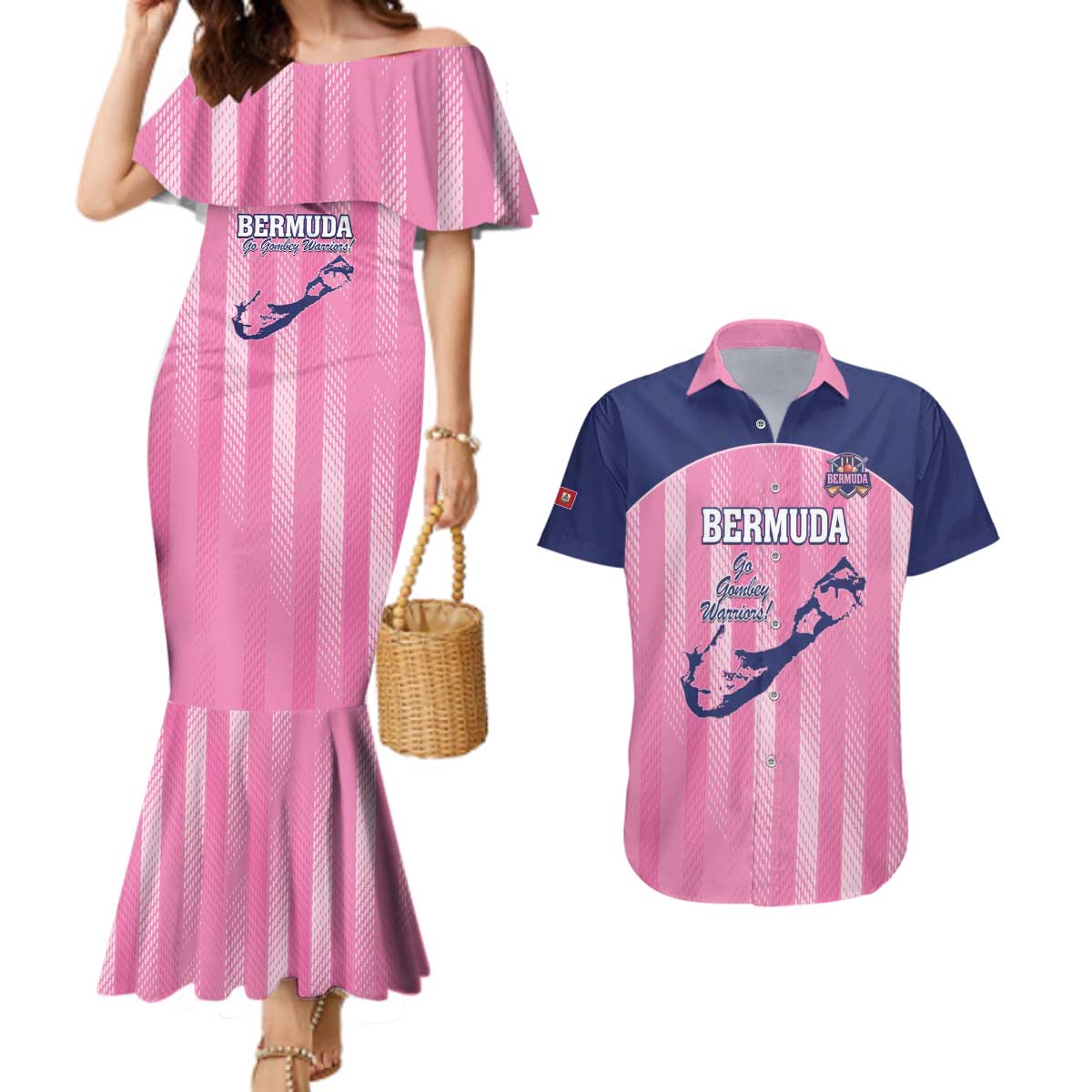 Custom Bermuda Cricket Couples Matching Mermaid Dress and Hawaiian Shirt Go Gombey Warriors