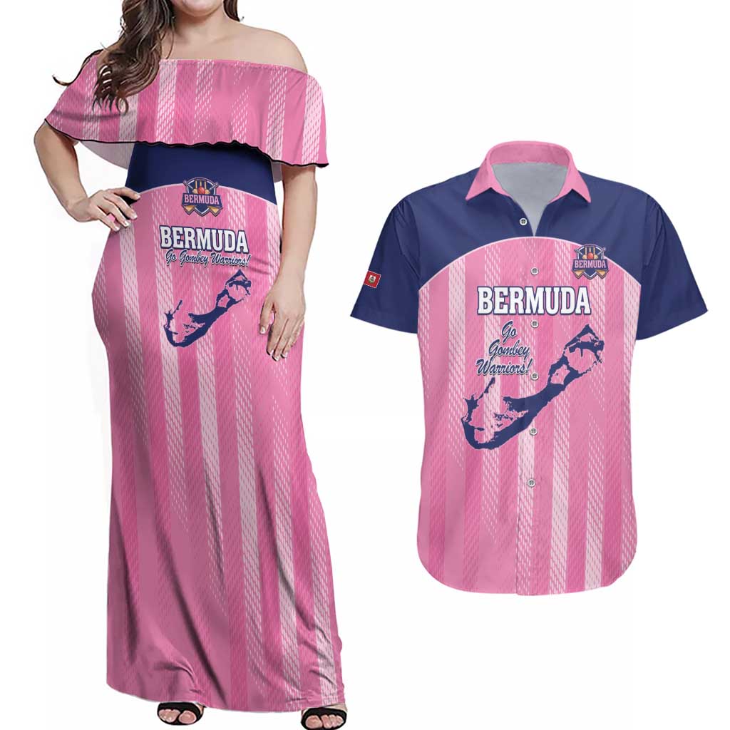 Custom Bermuda Cricket Couples Matching Off Shoulder Maxi Dress and Hawaiian Shirt Go Gombey Warriors