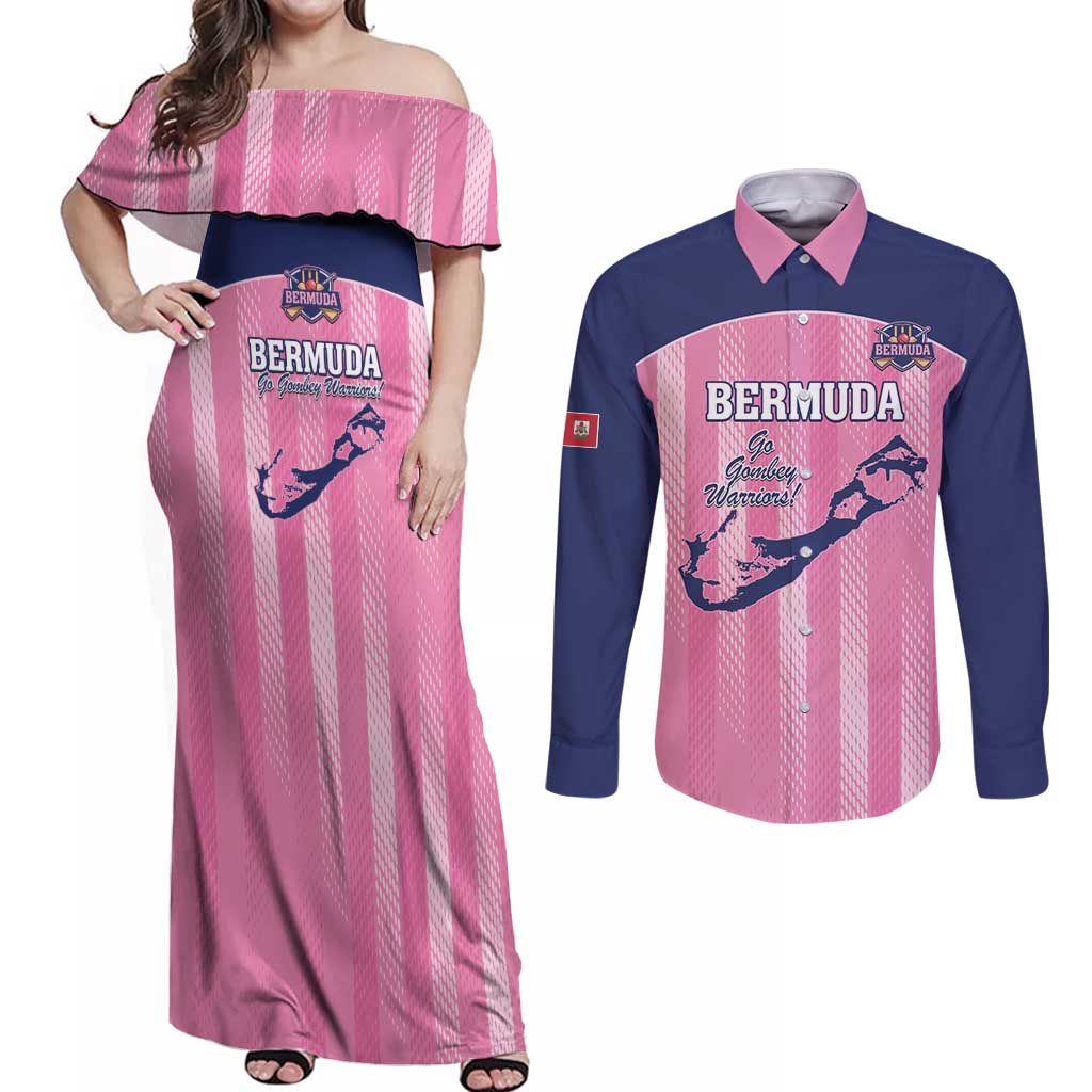 Custom Bermuda Cricket Couples Matching Off Shoulder Maxi Dress and Long Sleeve Button Shirt Go Gombey Warriors