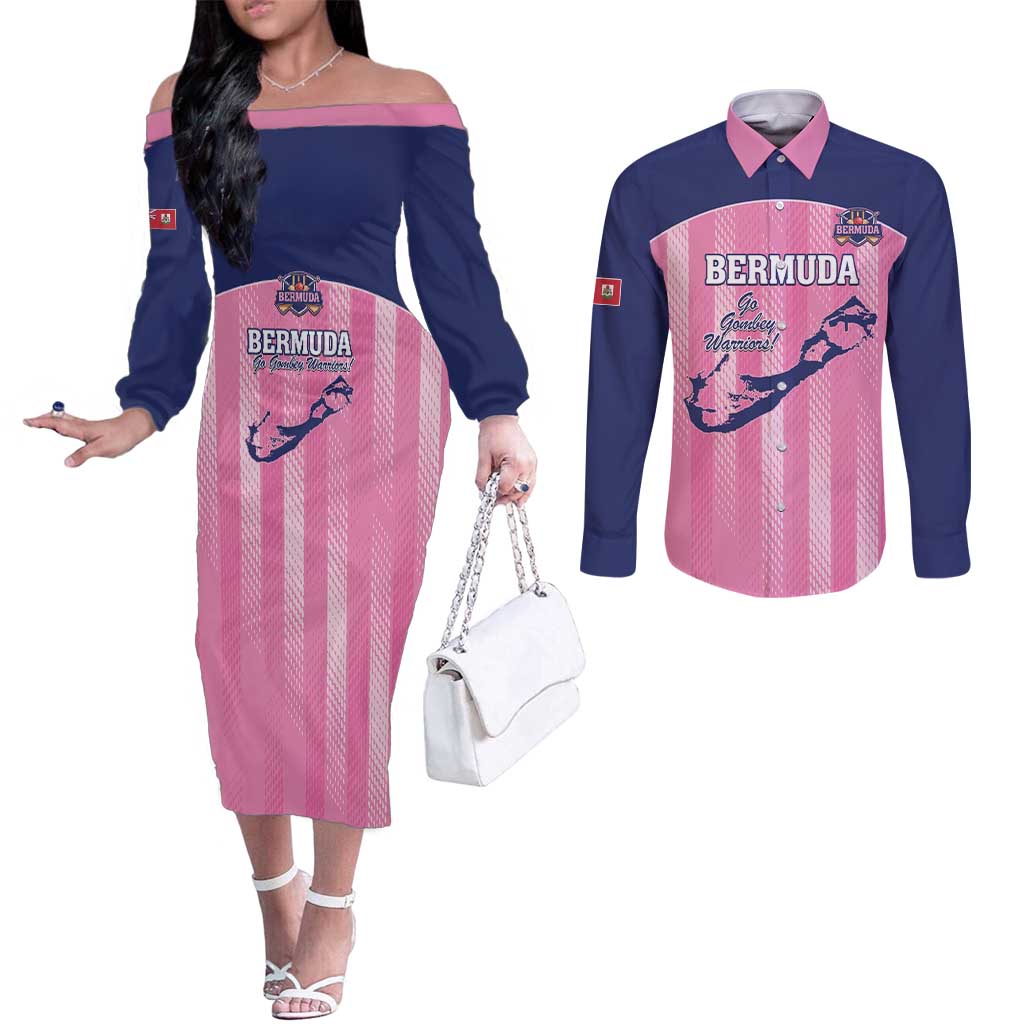 Custom Bermuda Cricket Couples Matching Off The Shoulder Long Sleeve Dress and Long Sleeve Button Shirt Go Gombey Warriors