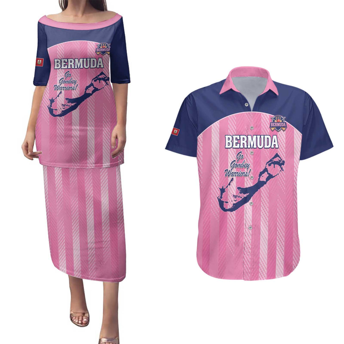 Custom Bermuda Cricket Couples Matching Puletasi and Hawaiian Shirt Go Gombey Warriors