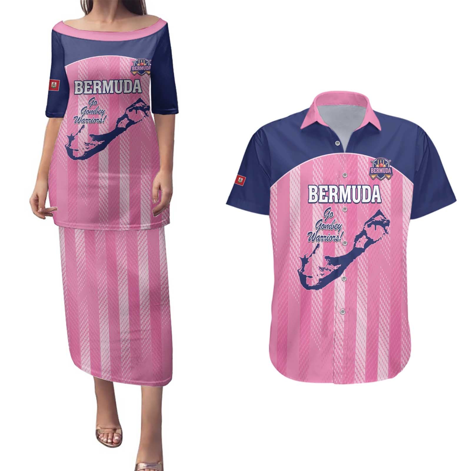 Custom Bermuda Cricket Couples Matching Puletasi and Hawaiian Shirt Go Gombey Warriors