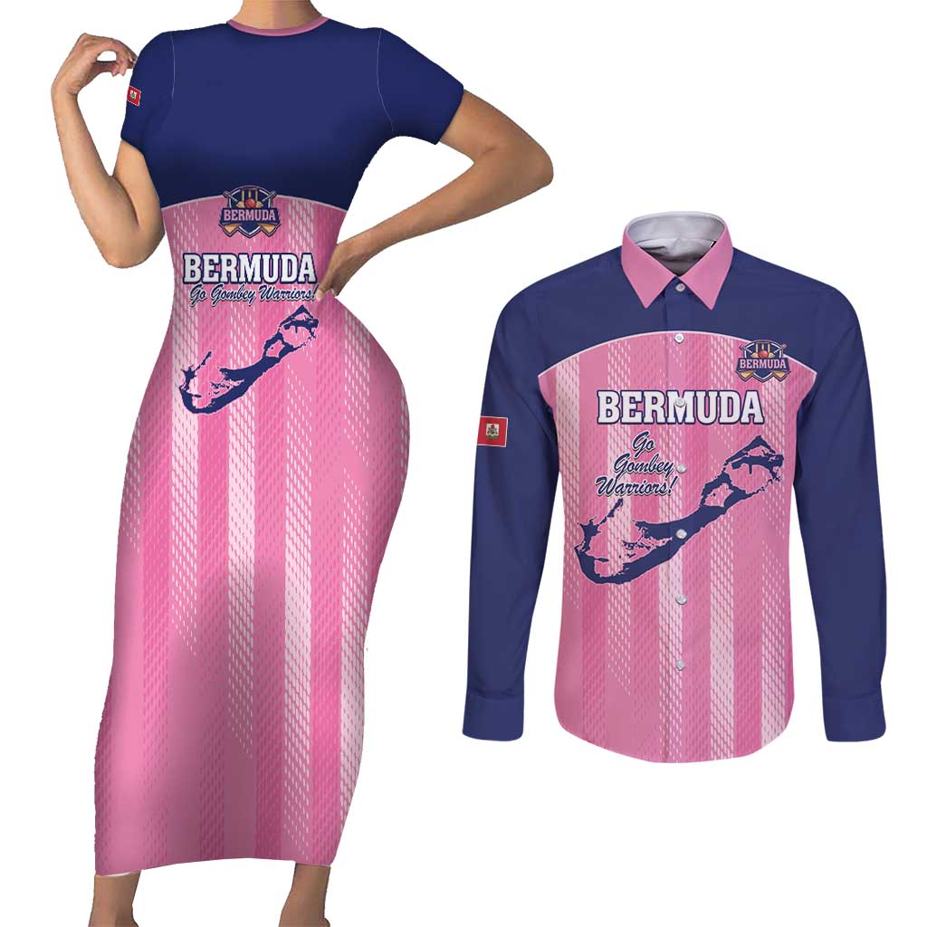 Custom Bermuda Cricket Couples Matching Short Sleeve Bodycon Dress and Long Sleeve Button Shirt Go Gombey Warriors