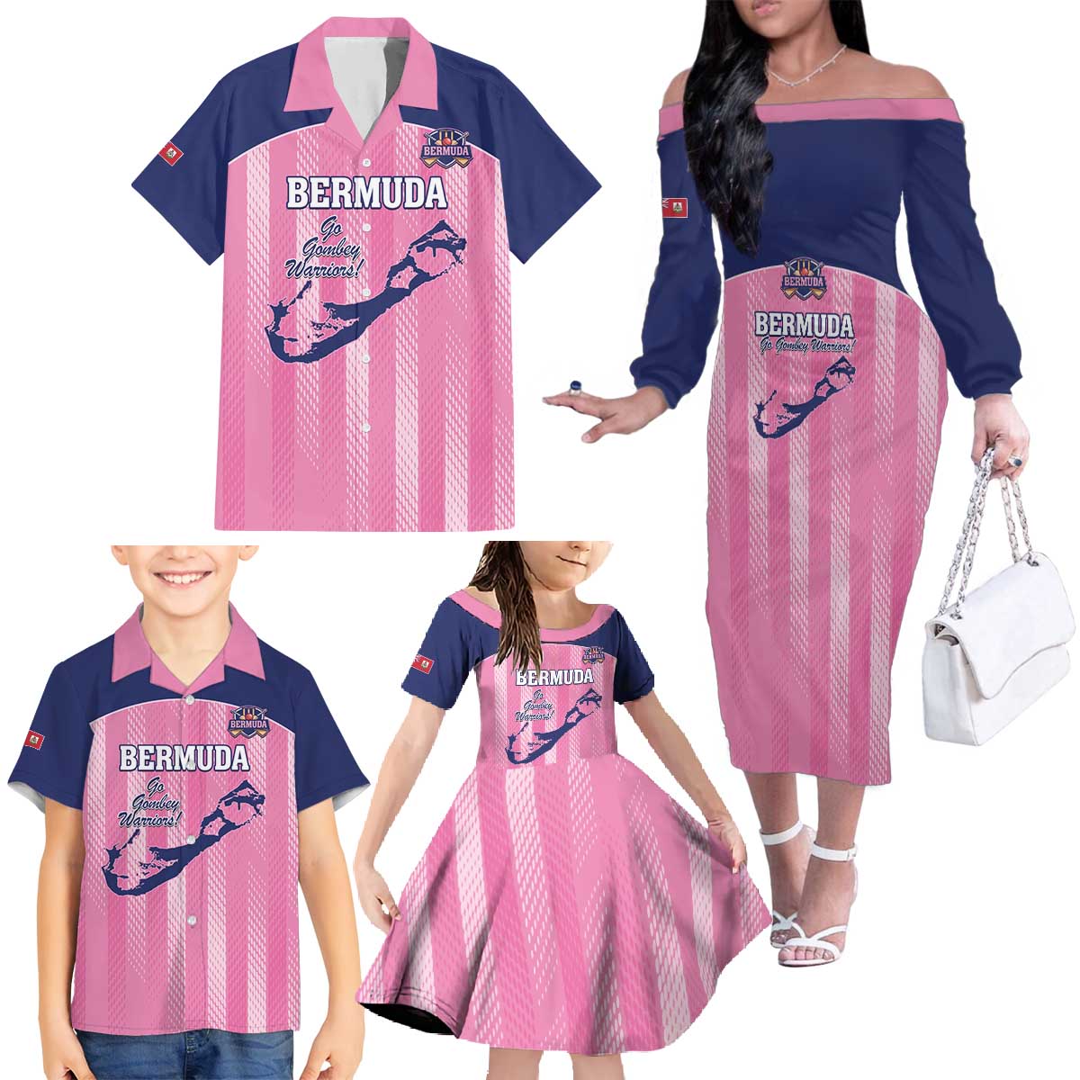 Custom Bermuda Cricket Family Matching Off The Shoulder Long Sleeve Dress and Hawaiian Shirt Go Gombey Warriors