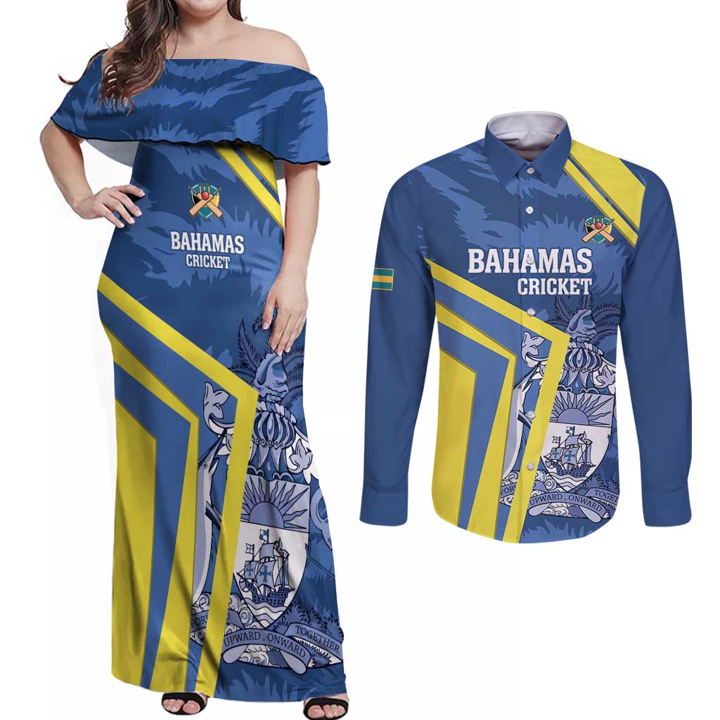 Custom The Bahamas Cricket Couples Matching Off Shoulder Maxi Dress and Long Sleeve Button Shirt Come On Bahamian