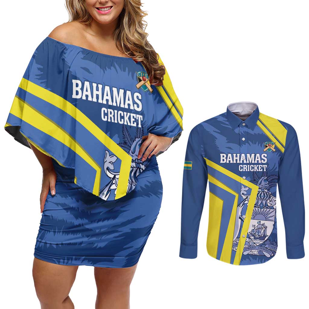 Custom The Bahamas Cricket Couples Matching Off Shoulder Short Dress and Long Sleeve Button Shirt Come On Bahamian