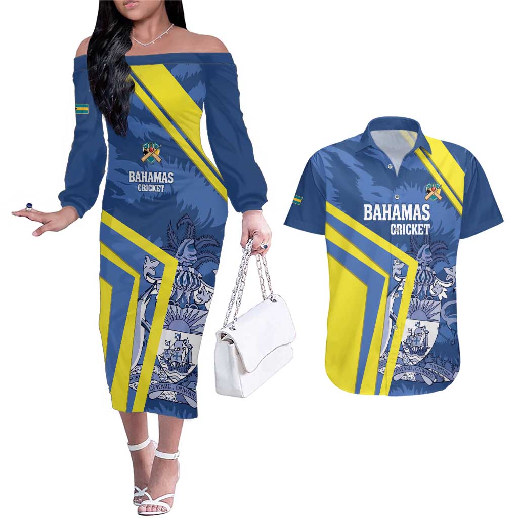 Custom The Bahamas Cricket Couples Matching Off The Shoulder Long Sleeve Dress and Hawaiian Shirt Come On Bahamian
