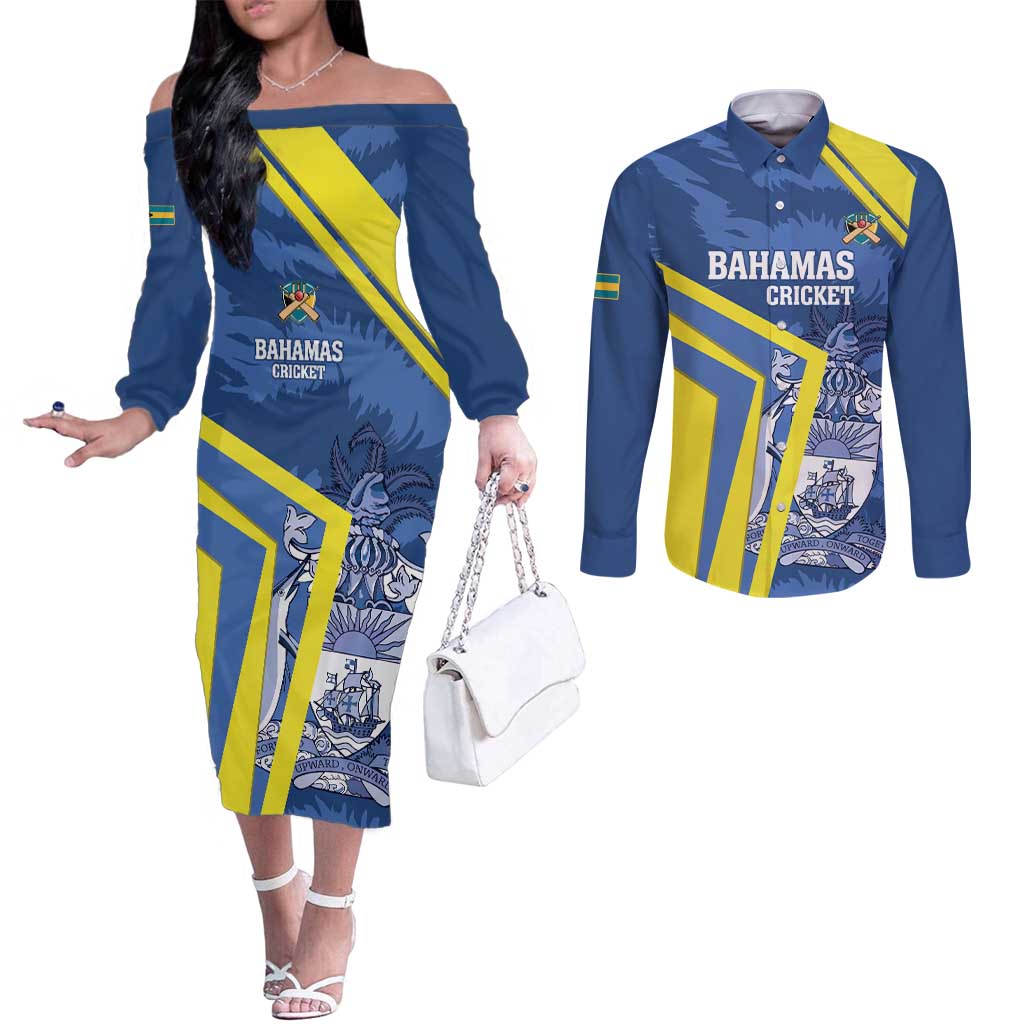 Custom The Bahamas Cricket Couples Matching Off The Shoulder Long Sleeve Dress and Long Sleeve Button Shirt Come On Bahamian