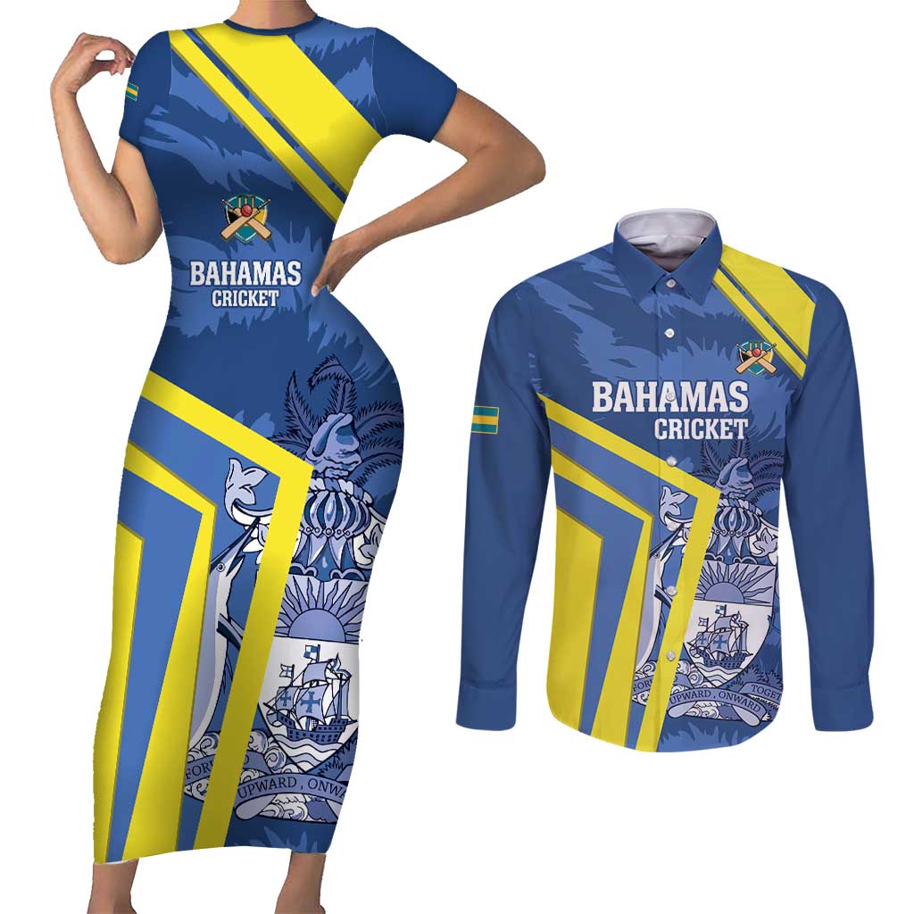 Custom The Bahamas Cricket Couples Matching Short Sleeve Bodycon Dress and Long Sleeve Button Shirt Come On Bahamian