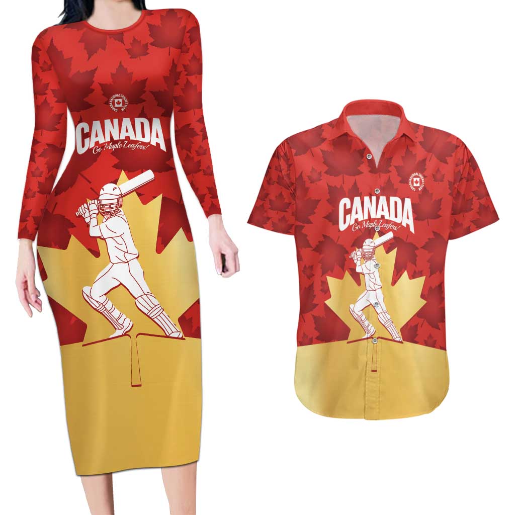 Custom Canada Cricket Couples Matching Long Sleeve Bodycon Dress and Hawaiian Shirt Come On Maple Leaf