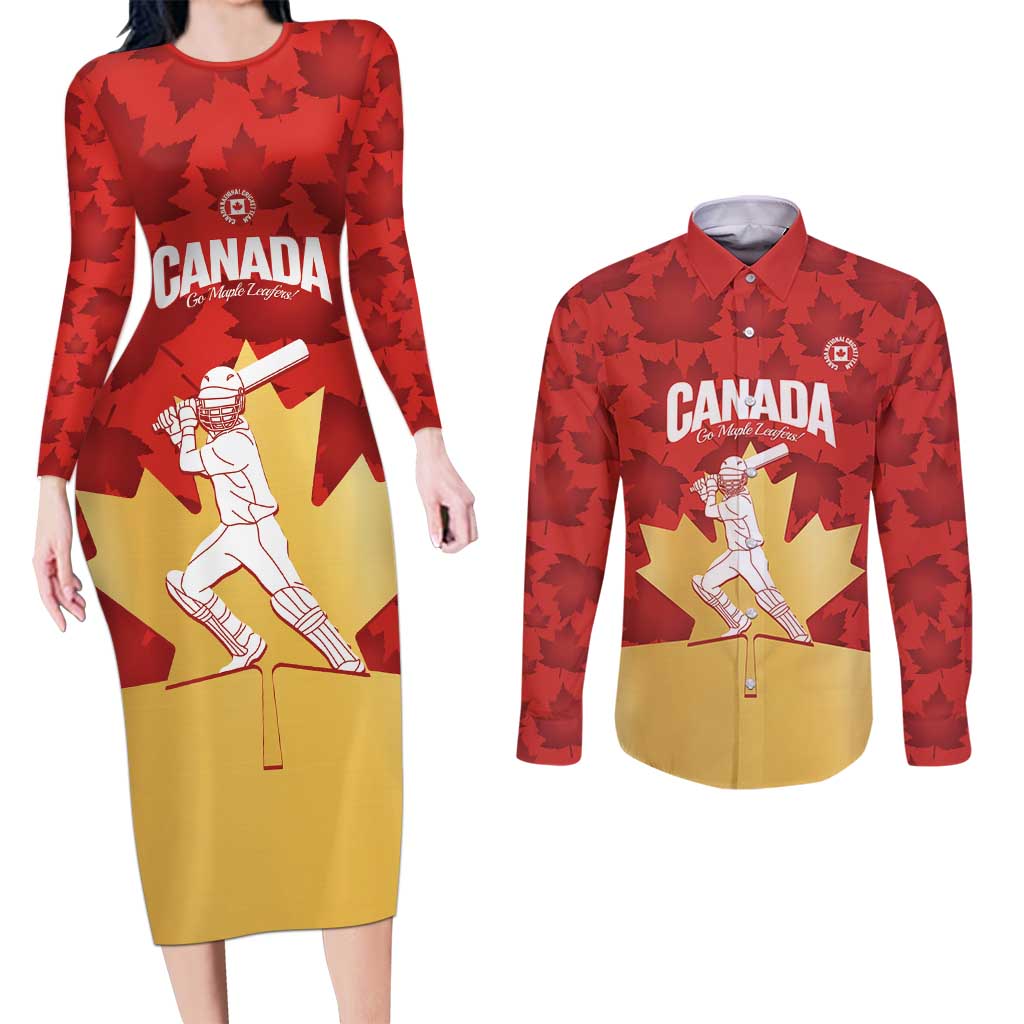 Custom Canada Cricket Couples Matching Long Sleeve Bodycon Dress and Long Sleeve Button Shirt Come On Maple Leaf
