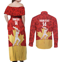 Custom Canada Cricket Couples Matching Off Shoulder Maxi Dress and Long Sleeve Button Shirt Come On Maple Leaf