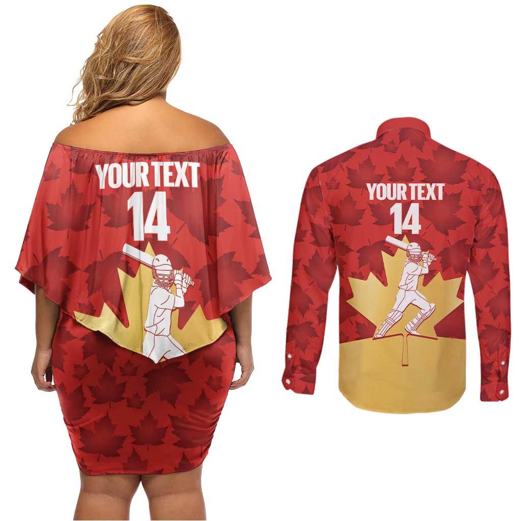 Custom Canada Cricket Couples Matching Off Shoulder Short Dress and Long Sleeve Button Shirt Come On Maple Leaf