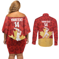 Custom Canada Cricket Couples Matching Off Shoulder Short Dress and Long Sleeve Button Shirt Come On Maple Leaf