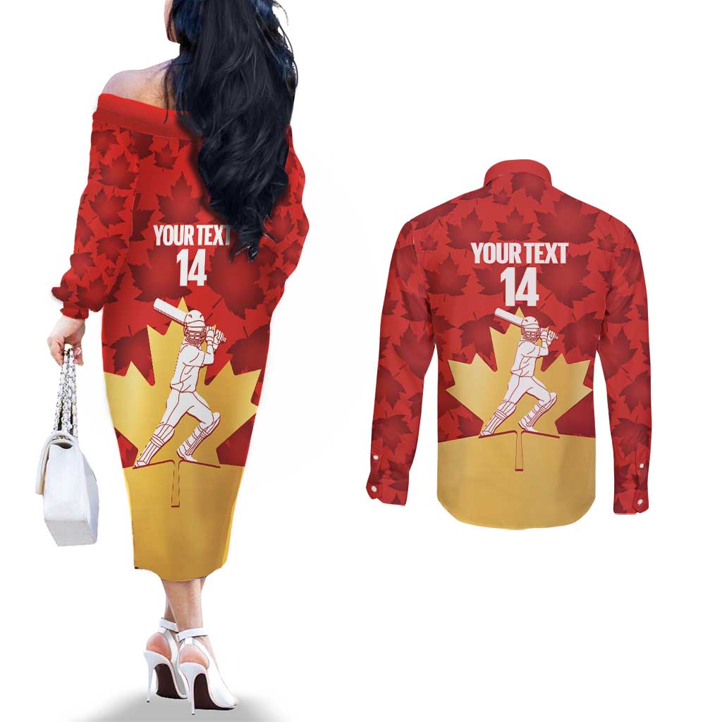 Custom Canada Cricket Couples Matching Off The Shoulder Long Sleeve Dress and Long Sleeve Button Shirt Come On Maple Leaf
