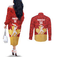 Custom Canada Cricket Couples Matching Off The Shoulder Long Sleeve Dress and Long Sleeve Button Shirt Come On Maple Leaf