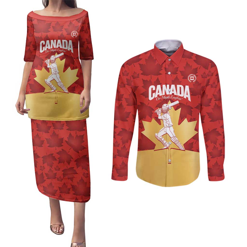 Custom Canada Cricket Couples Matching Puletasi and Long Sleeve Button Shirt Come On Maple Leaf