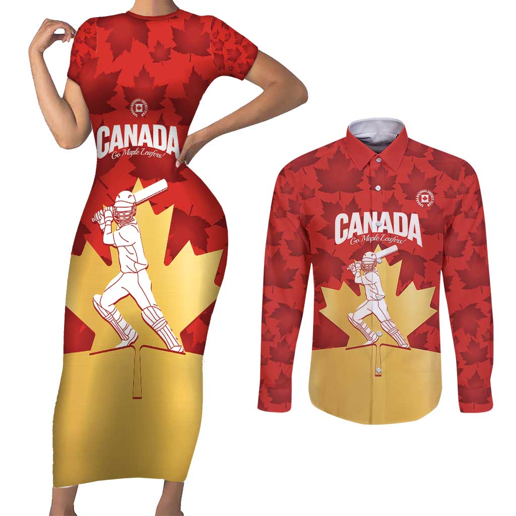 Custom Canada Cricket Couples Matching Short Sleeve Bodycon Dress and Long Sleeve Button Shirt Come On Maple Leaf