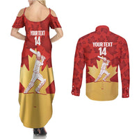 Custom Canada Cricket Couples Matching Summer Maxi Dress and Long Sleeve Button Shirt Come On Maple Leaf