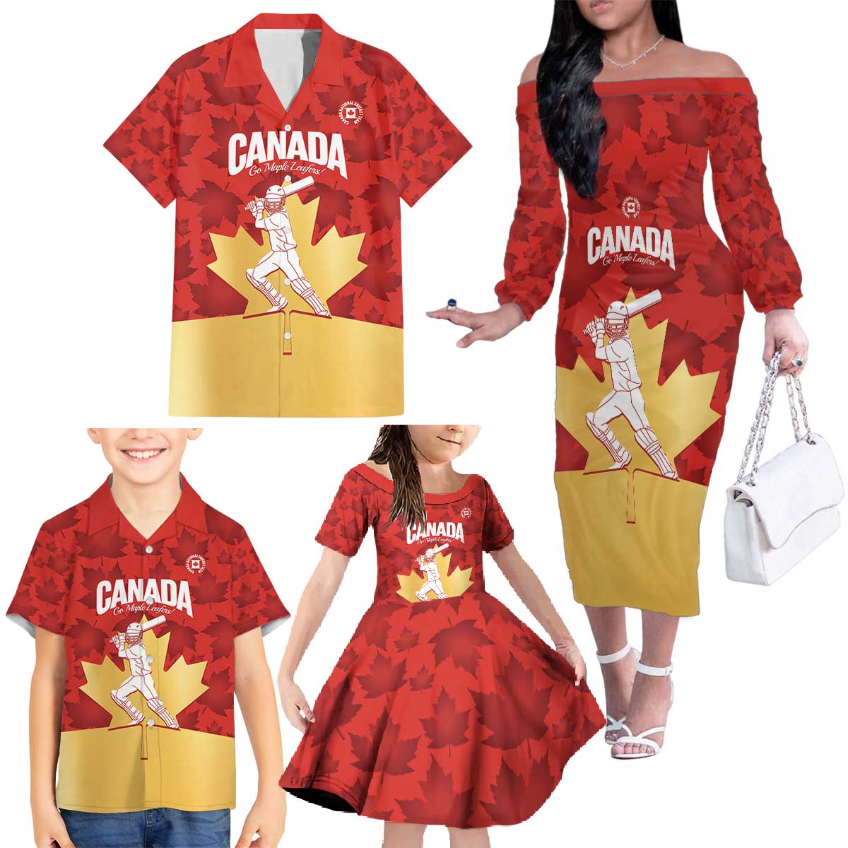 Custom Canada Cricket Family Matching Off The Shoulder Long Sleeve Dress and Hawaiian Shirt Come On Maple Leaf