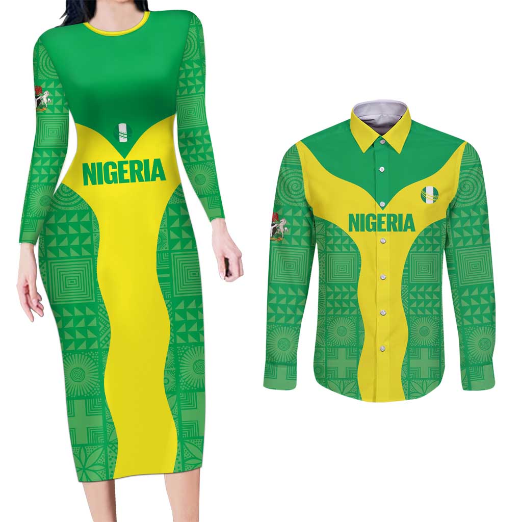 Custom Nigeria Cricket Couples Matching Long Sleeve Bodycon Dress and Long Sleeve Button Shirt Go Yellow Greens - Wonder Print Shop