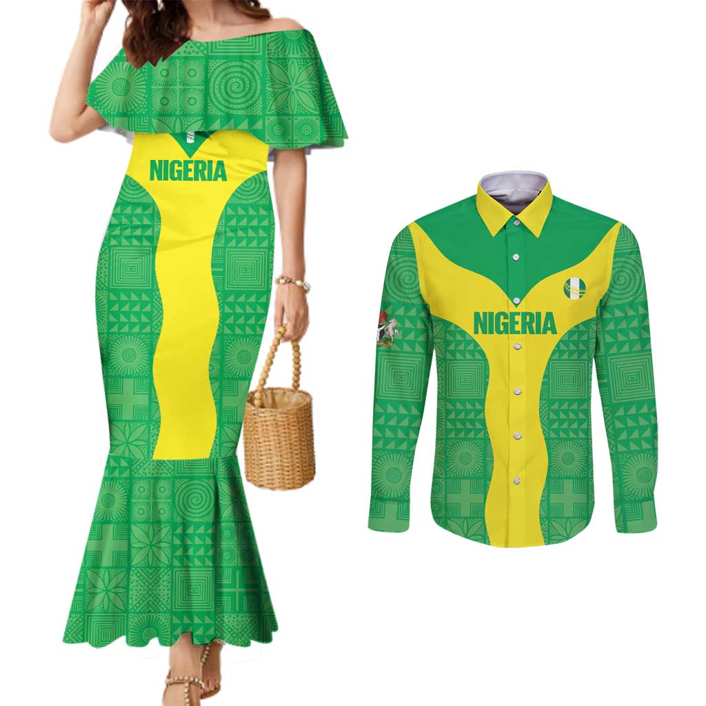 Custom Nigeria Cricket Couples Matching Mermaid Dress and Long Sleeve Button Shirt Go Yellow Greens - Wonder Print Shop