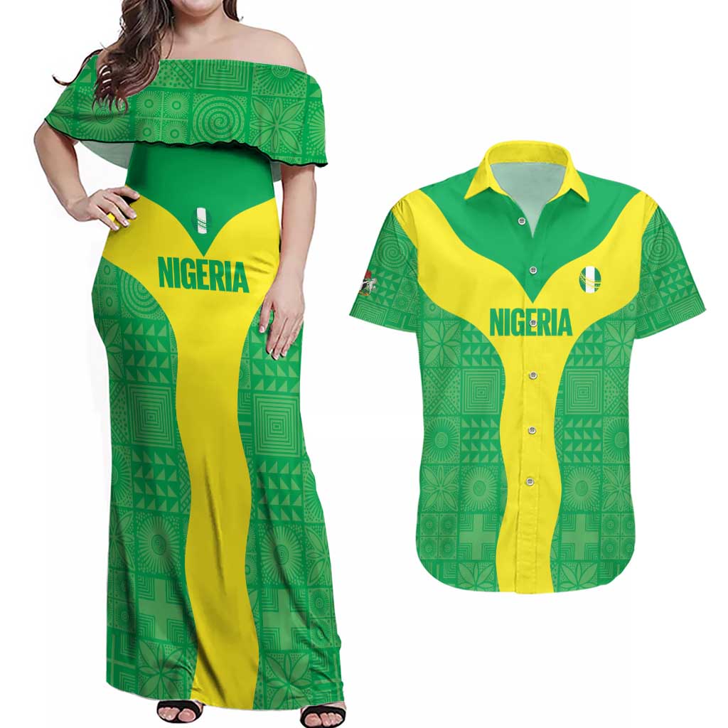Custom Nigeria Cricket Couples Matching Off Shoulder Maxi Dress and Hawaiian Shirt Go Yellow Greens - Wonder Print Shop