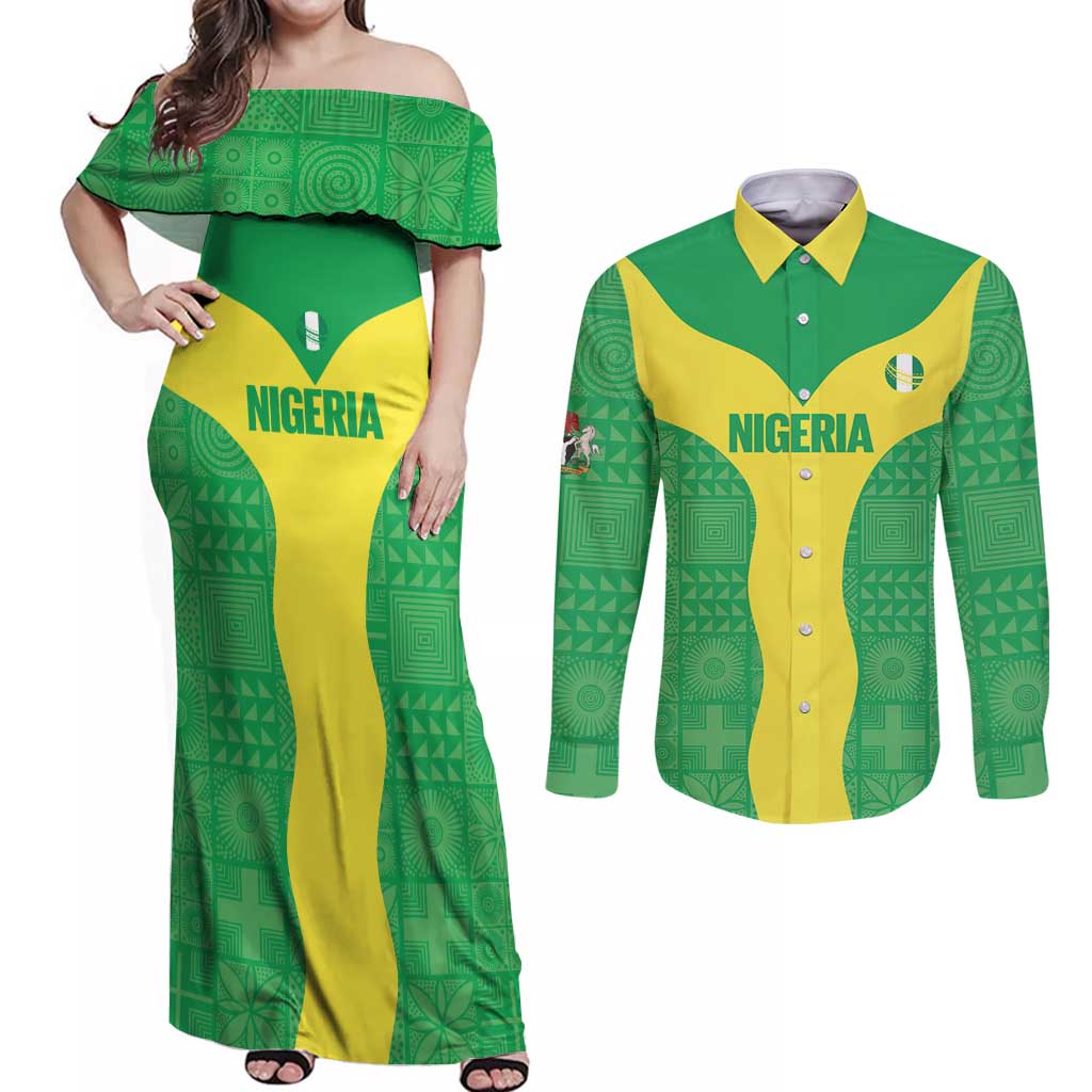 Custom Nigeria Cricket Couples Matching Off Shoulder Maxi Dress and Long Sleeve Button Shirt Go Yellow Greens - Wonder Print Shop