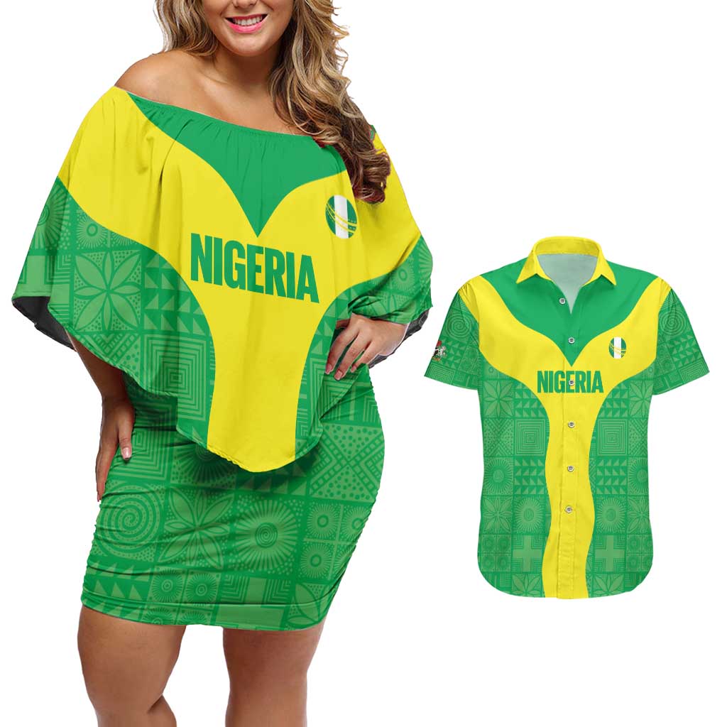 Custom Nigeria Cricket Couples Matching Off Shoulder Short Dress and Hawaiian Shirt Go Yellow Greens - Wonder Print Shop