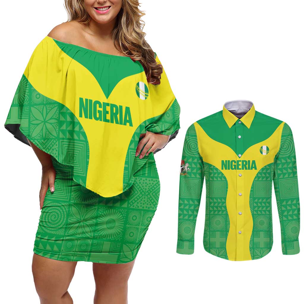 Custom Nigeria Cricket Couples Matching Off Shoulder Short Dress and Long Sleeve Button Shirt Go Yellow Greens - Wonder Print Shop