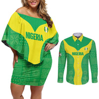Custom Nigeria Cricket Couples Matching Off Shoulder Short Dress and Long Sleeve Button Shirt Go Yellow Greens - Wonder Print Shop